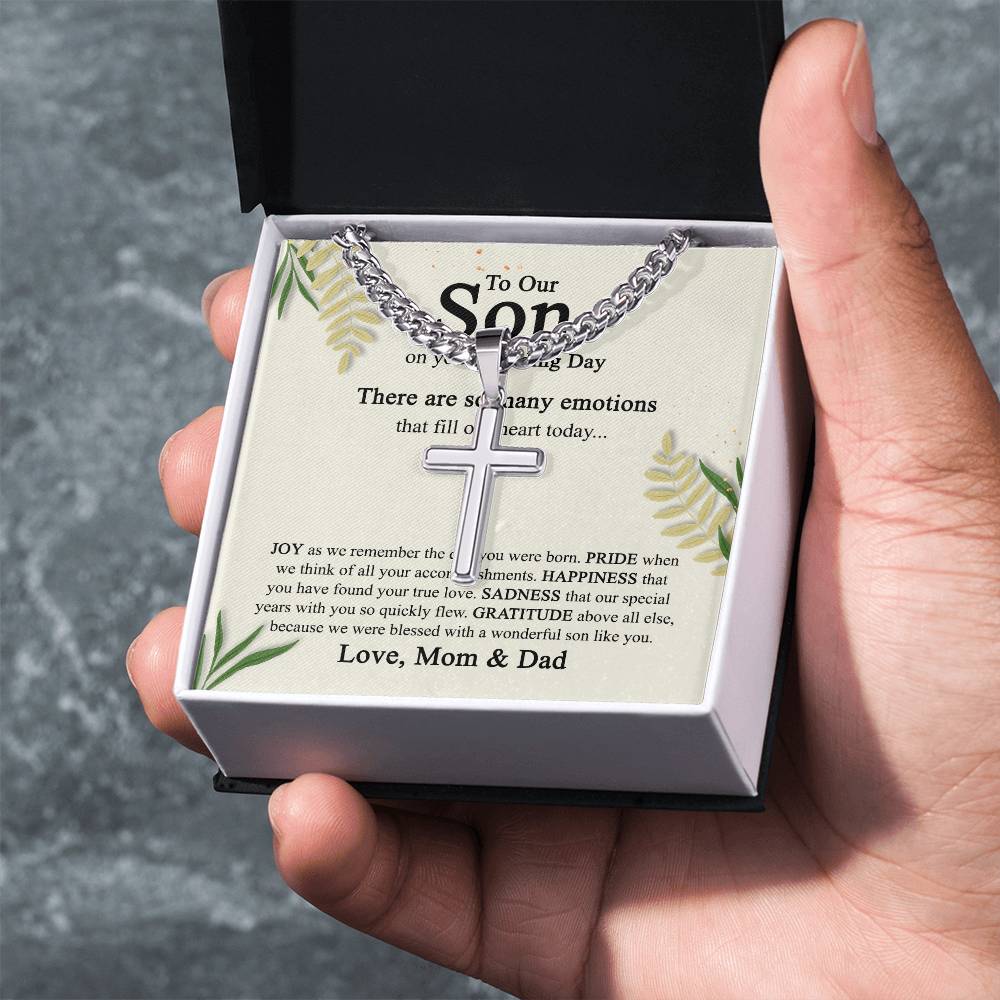 To Our Son on His Wedding Day Cross Necklace, Sentimental Wedding Gifts Cross Necklace from Parents, Son Getting Married, Wedding gift Cross Necklace for Son Wedding Day Gift for Son Jewelry for Men Cuban Chain with Artisan Cross Necklace B09N79K666