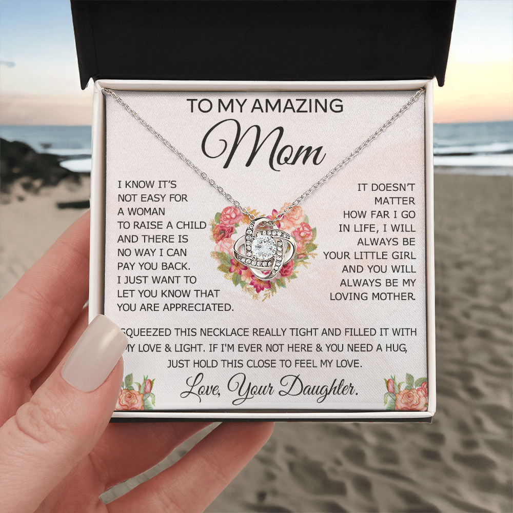 To My Amazing Mom Necklace From Daughter, Love Knot Necklace Gift For Mom, Mother Daughter Gift Necklace On Birthday Christmas Mothers Day, Jewelry Gift For Women With Message Card And Box For Her