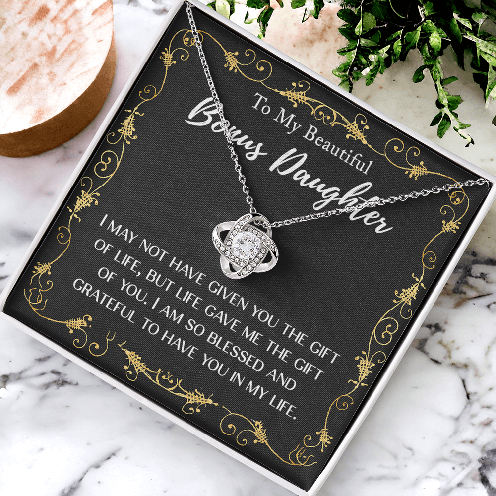 Personalized Gift Necklace For Daughter - To My Beautiful Bonus Daughter Love Knot Necklace From Mom And Dad, Step daughter Gift Necklace, Pendant Jewelry Gift For Girls, Little Girls