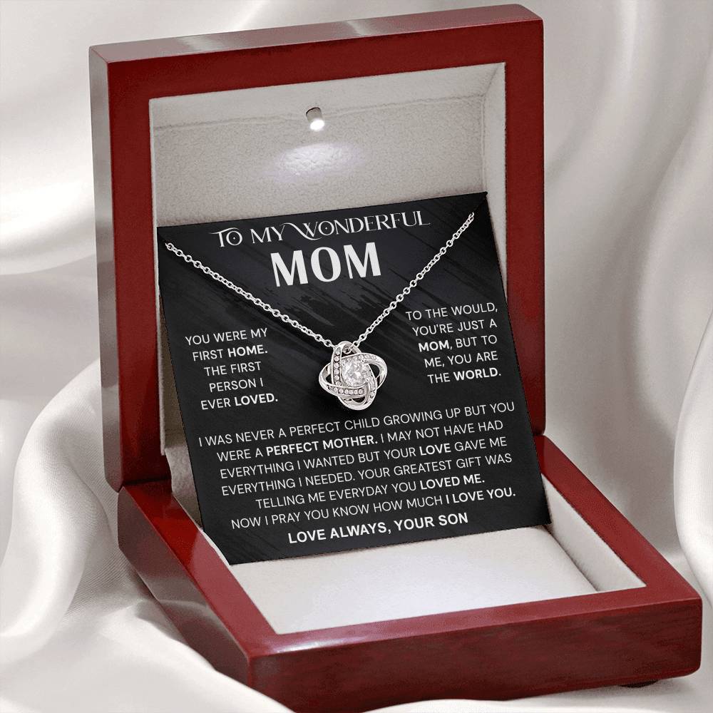 Wonderful Mom Gift Necklace, To My Wonderful Mom Love Knot Necklace From Son Never A Perfect Child Necklace Gift For Mom Son And Mother Love Knot Pendant Birthday Gift For Mom Jewelry Gift For Women