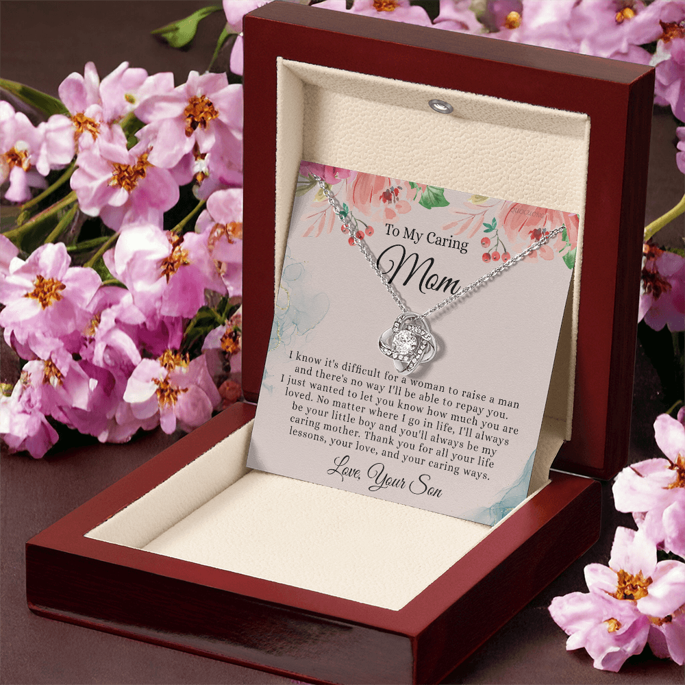 To My Caring Mom Necklace From Son, Love Knot Necklace Gift For Mom On Birthday Gift Anniversary Mother's Day Necklace For Mom, Caring Mom, New Mom Gift Necklace Gift For Her, Jewelry Gift For Women