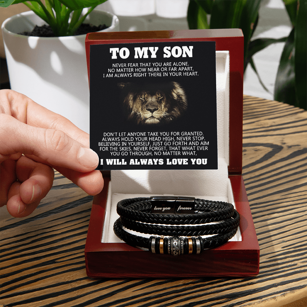 To My Son Lion Bracelet From Dad, Son Bracelets On Highschool, Grad, Graduation Gifts For Him Gift Card In Box, Mens Leather Bracelet My Messages Gifts For Sons Adult Love You Forever Bracelet