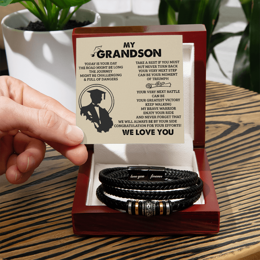 To My Grandson From Grandma, Braided Leather Bracelet With Love You Forever Message, Thoughtful Bracelets Gift from Grandpa And Grandma with Messages Card And Box On Christmas, Graduation