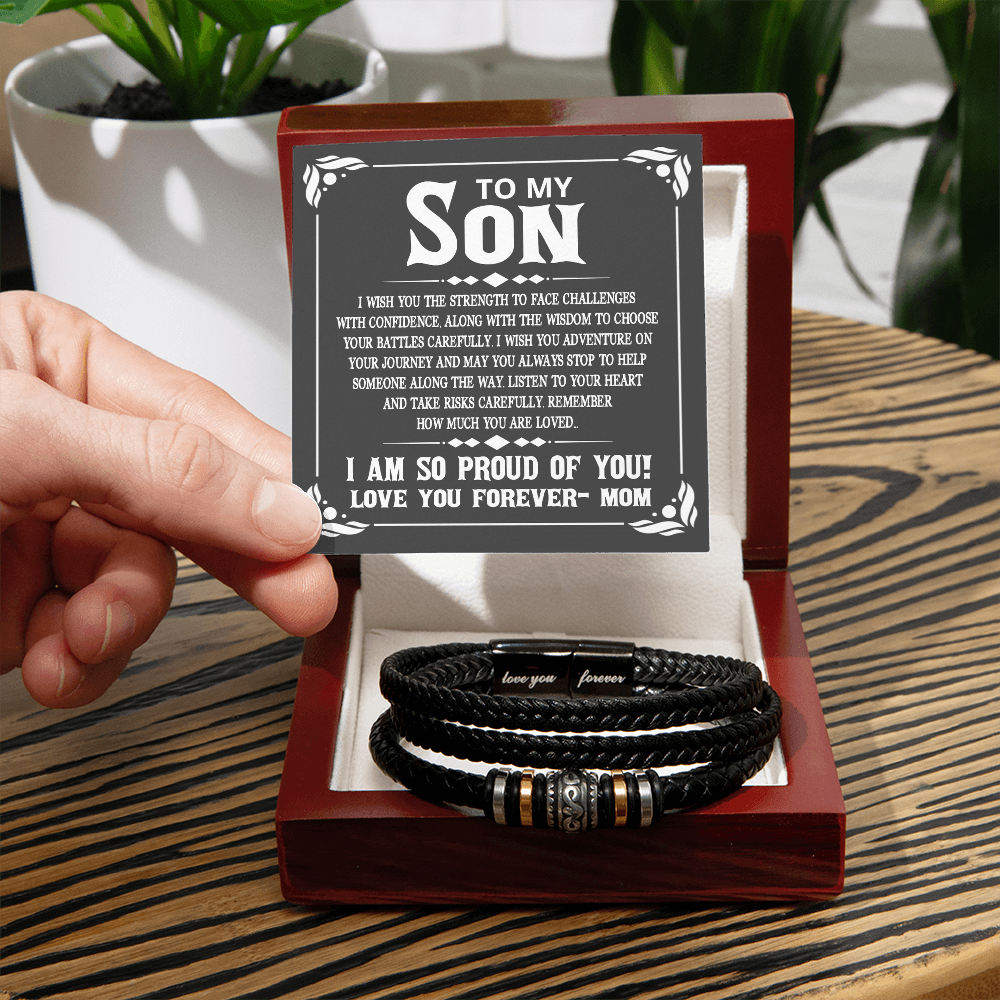 To My Son Bracelet From Mom Graduation, I Love You Forever Bracelets Gifts For Him With Card In Box, Mens Leather Bracelet Jewelry For Men On Birthday, Anniversary, Christmas, Grad