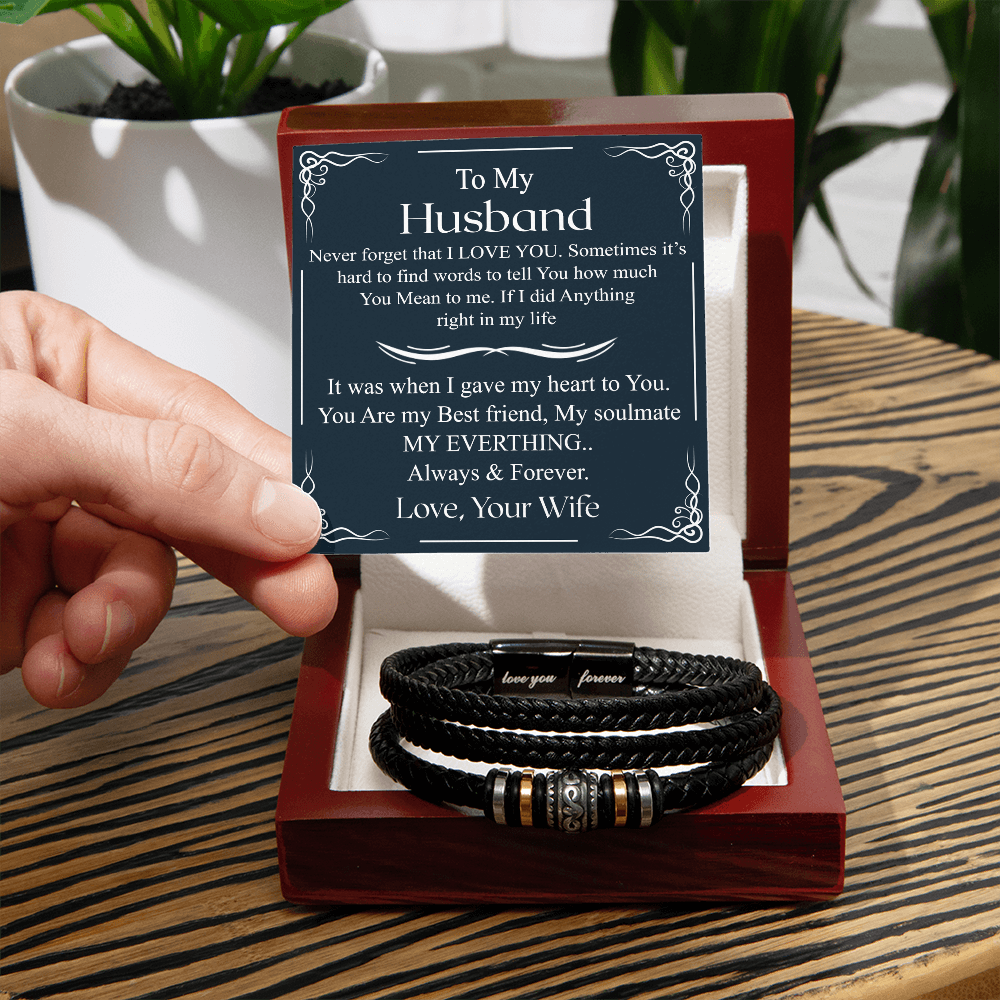 To My Husband Leather Bracelet From Wife, Inspirational Bracelets With Message Card In Box Gift For Her, Wristband Husband For Birthday, Christmas, Graduation Love You Forever Bracelets For Him