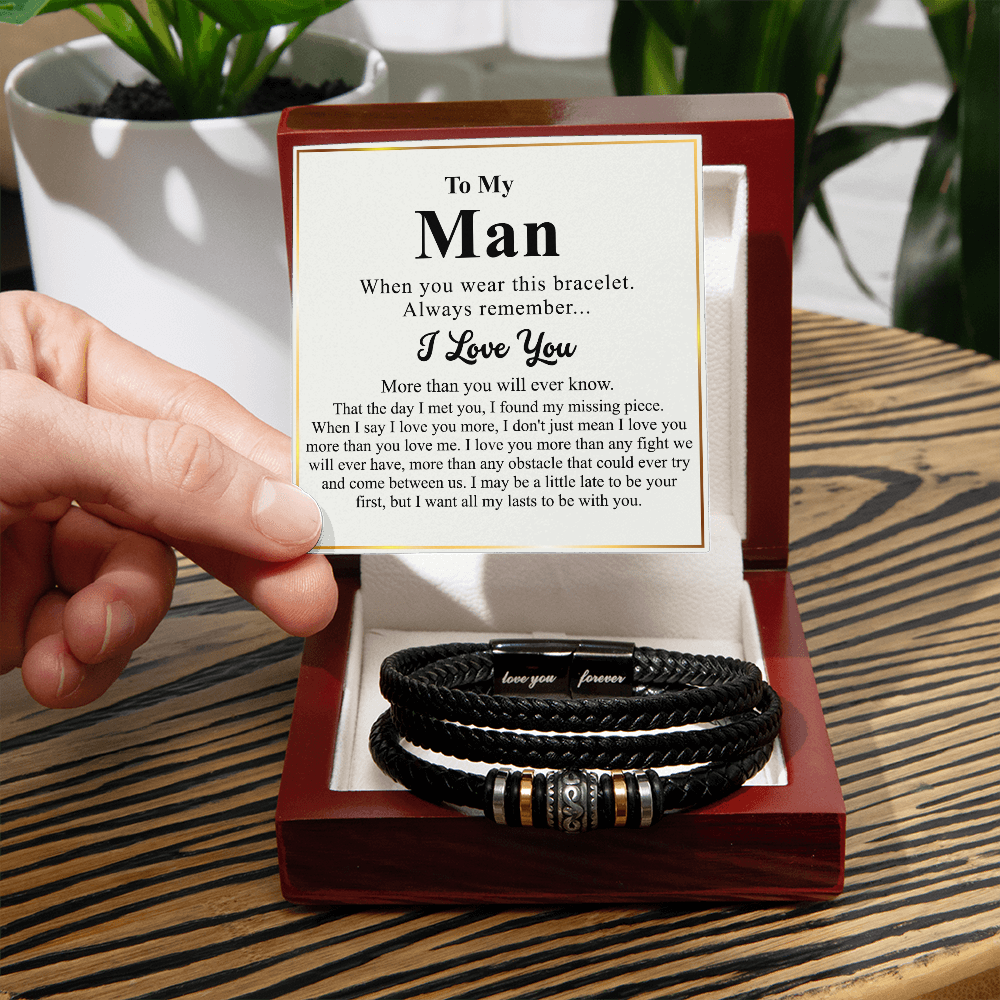 To My Man Bracelet With Box From Wife, Jewelry Gift For Mens, Love You Forever Bracelets Gifts For Him Gift Card In My Massage Braided Leather Stainless Steel On Anniversary, Christmas