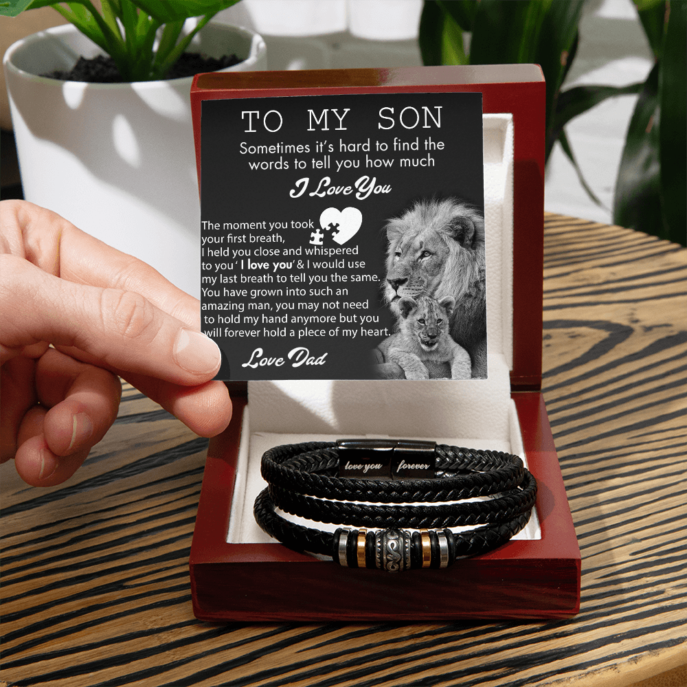 To My Son Lion Bracelet From Dad, I Love You Bracelets Love Dad On Highschool, Grad, Graduation For Him Gift Card In Box, Mens Leather Bracelets My Messages Gifts For Sons Love You Forever Bracelet