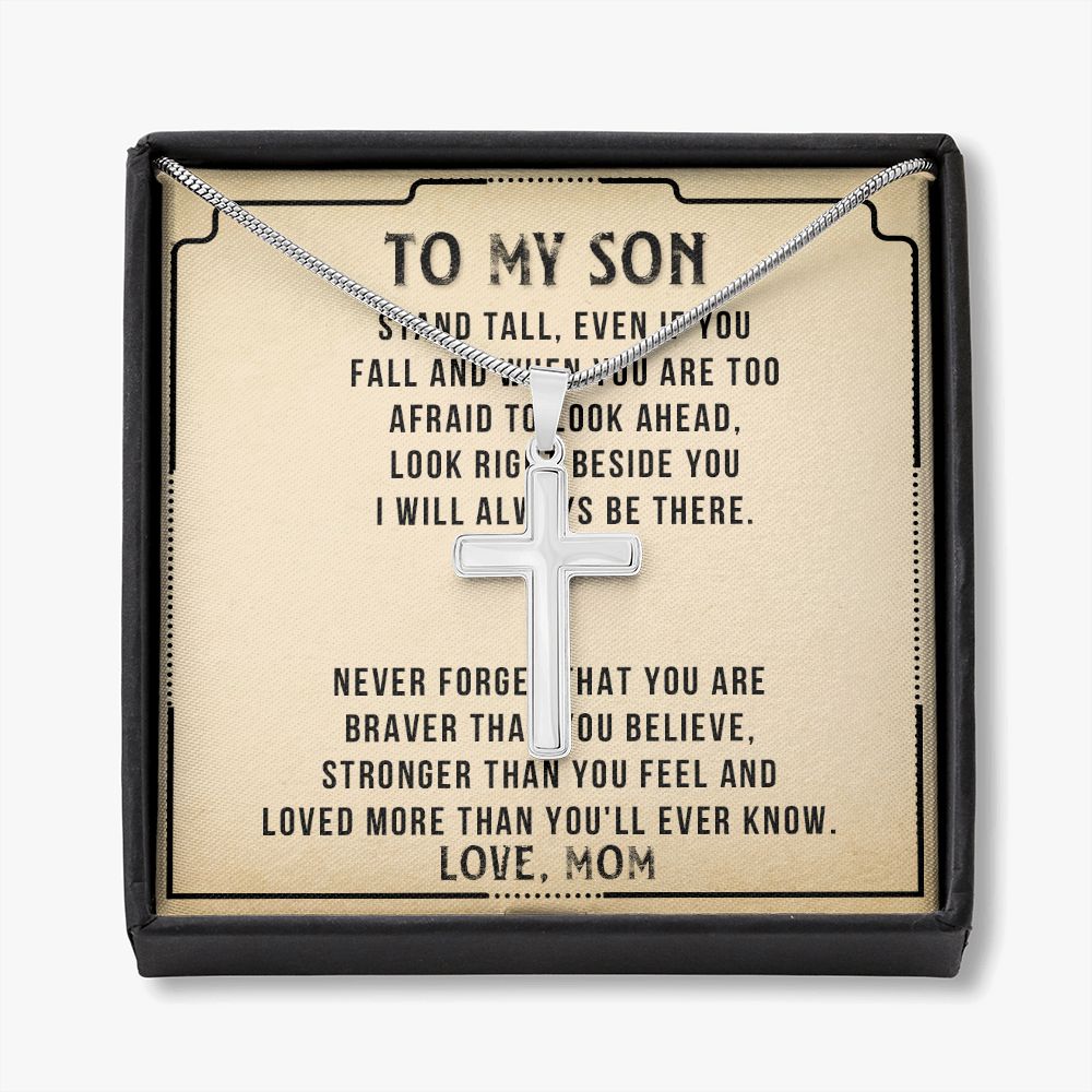 Personalized Necklace Gift For Son, To My Son Cross Necklace from Mom with Message Card and Gift Box, To My Son Cross Necklace for Birthday Graduation Gift For Son, Valentines Gifts for Son from Mom Personalized Cross Necklace