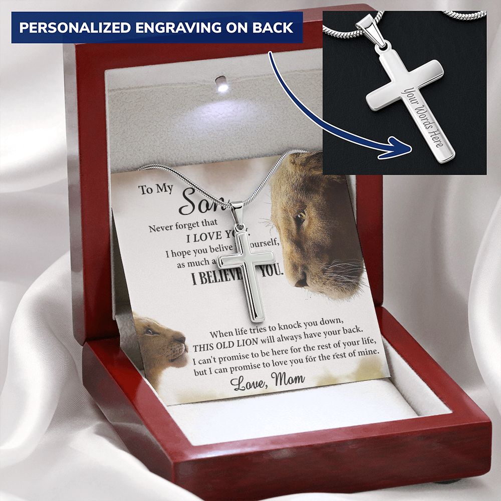 Personalized Necklace Gift For Son from Mom, To My Son Cross Necklace Gift from Mom, My Son Necklace from Mom, Lion Son Cross Pendant Necklace from Mom, Graduation Gift Necklace for Sons Birthday Personalized Cross Necklace