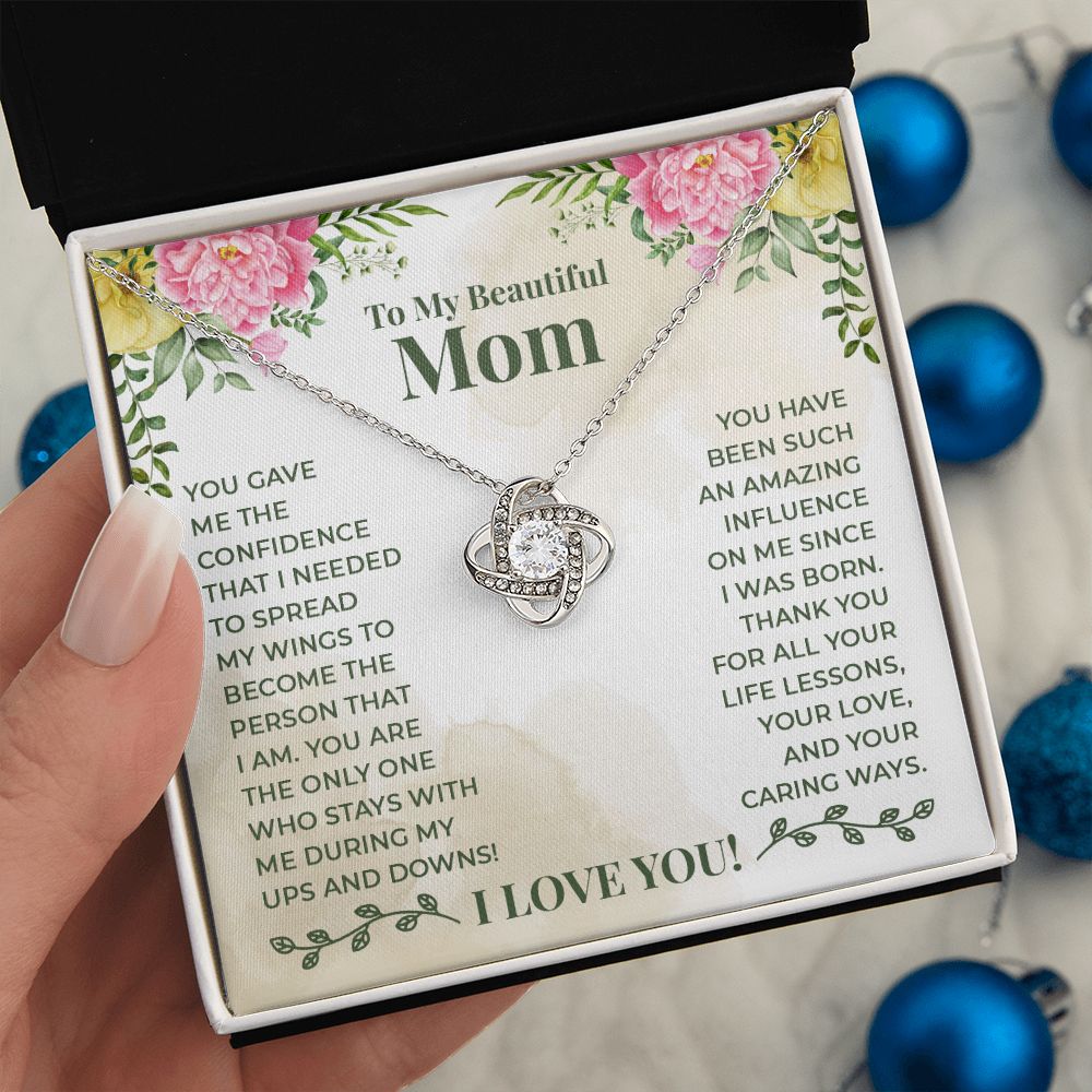 To My Beautiful Mom Necklace Gift for Mother Daughter Necklace Gifts For Mom Birthday Christmas Mothers Day Present To My Mom Jewelry Pendant Message Card Gift Box Love Knot Necklace for Mom