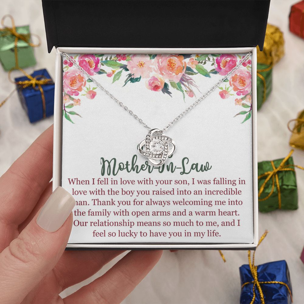 To My Mom In Law Necklace Pendant Gift From Son, Happy Mother's Day Love Knot Pendant For Mom On Birthday, Anniversary Necklace Gift Love With Your Son, Mother In Law Gift Necklace To Son In Law Love Knot Necklace 6323