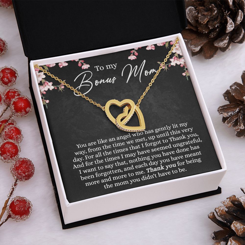 To My Bonus Mom Necklace, Bonus Mom Gift for Christmas, Birthday & Mother's Day Unique Step Mom Card from Daughter Son, Step Mom Wedding Gift Interlocking Hearts Necklace