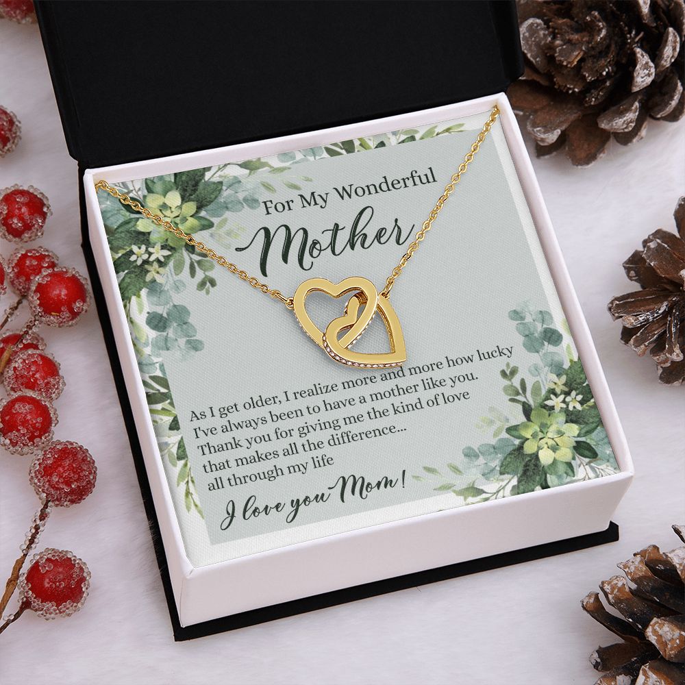 To My Wonderful Mother Necklace Message Card, Gift Box for Mom Birthday Gift From Daughter Mothers Day Necklace for Mom Gift From Daughter Mom Gifts For Mom Thank You Gift For Mom Interlocking Hearts Necklace