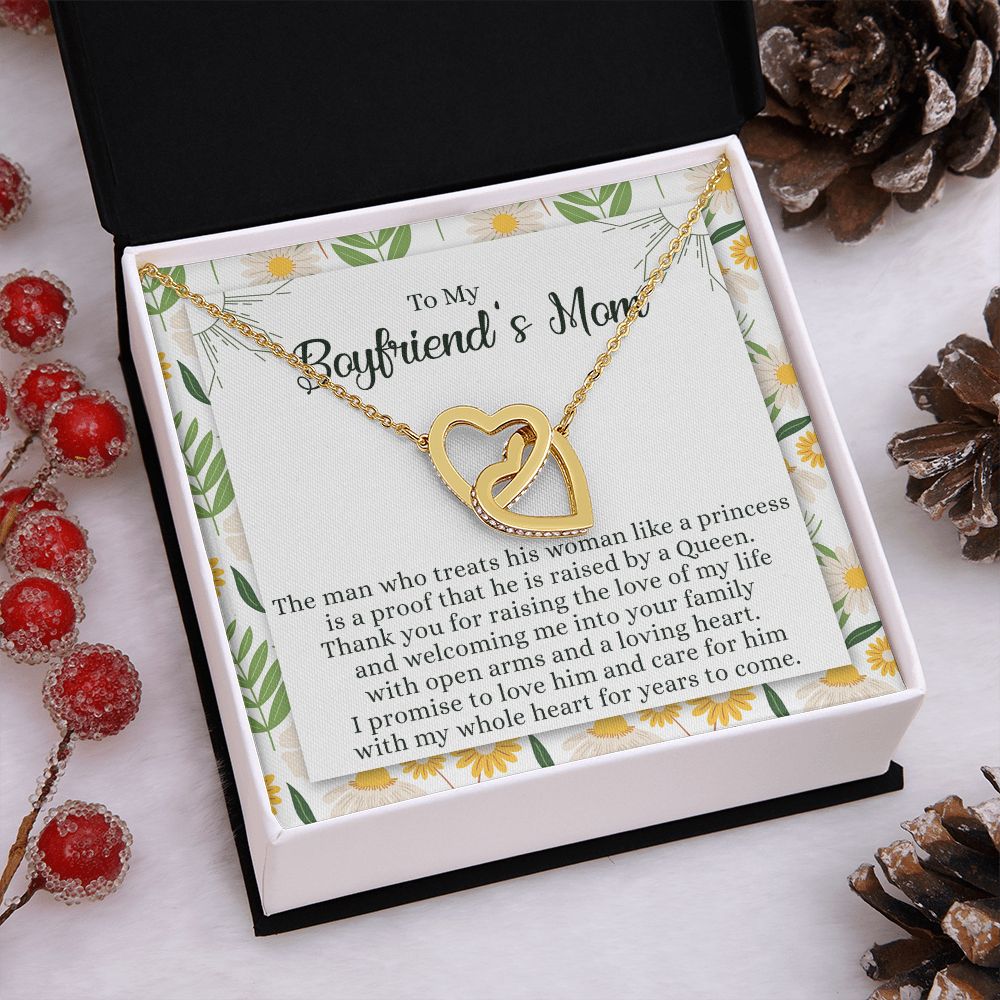 To My Boyfriend's Mom Necklace with Message Card Box, Boyfriends Mom Gift Necklace for Boyfriends Mom Mother Girlfriends to Boyfriend Mom Gift for Mom of Boyfriend Custom Message Card Interlocking Hearts Necklace