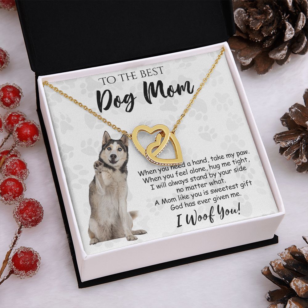 To The Best Husky Dog Mom Knot Necklace Mother's Day Gift , I Woof You Quote Gift Card, Message Card Jewelry For Dog Lovers, Necklace For Mom Interlocking Hearts Necklace