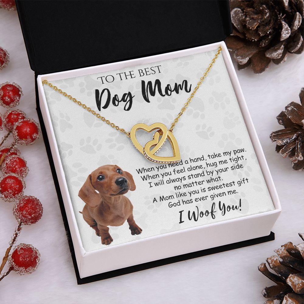 To The Best Dachshund Dog Mom Knot Necklace Mother's Day Gift , I Woof You Quote Gift Card, Message Card Jewelry For Dog Lovers, Necklace For Mom Interlocking Hearts Necklace