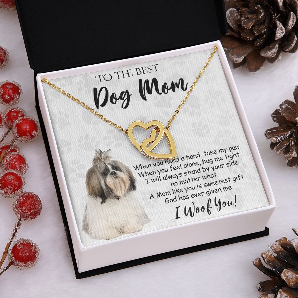 To The Best Shih Tzu Dog Mom Knot Necklace Mother's Day Gift , I Woof You Quote Gift Card, Message Card Jewelry For Dog Lovers, Necklace For Mom Interlocking Hearts Necklace