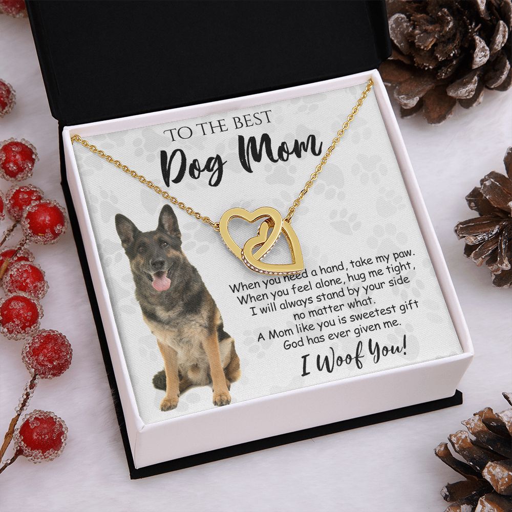 To The Best German Shepherd Dog Mom Knot Necklace Mother's Day Gift , I Woof You Quote Gift Card, Message Card Jewelry For Dog Lovers, Necklace For Mom Interlocking Hearts Necklace