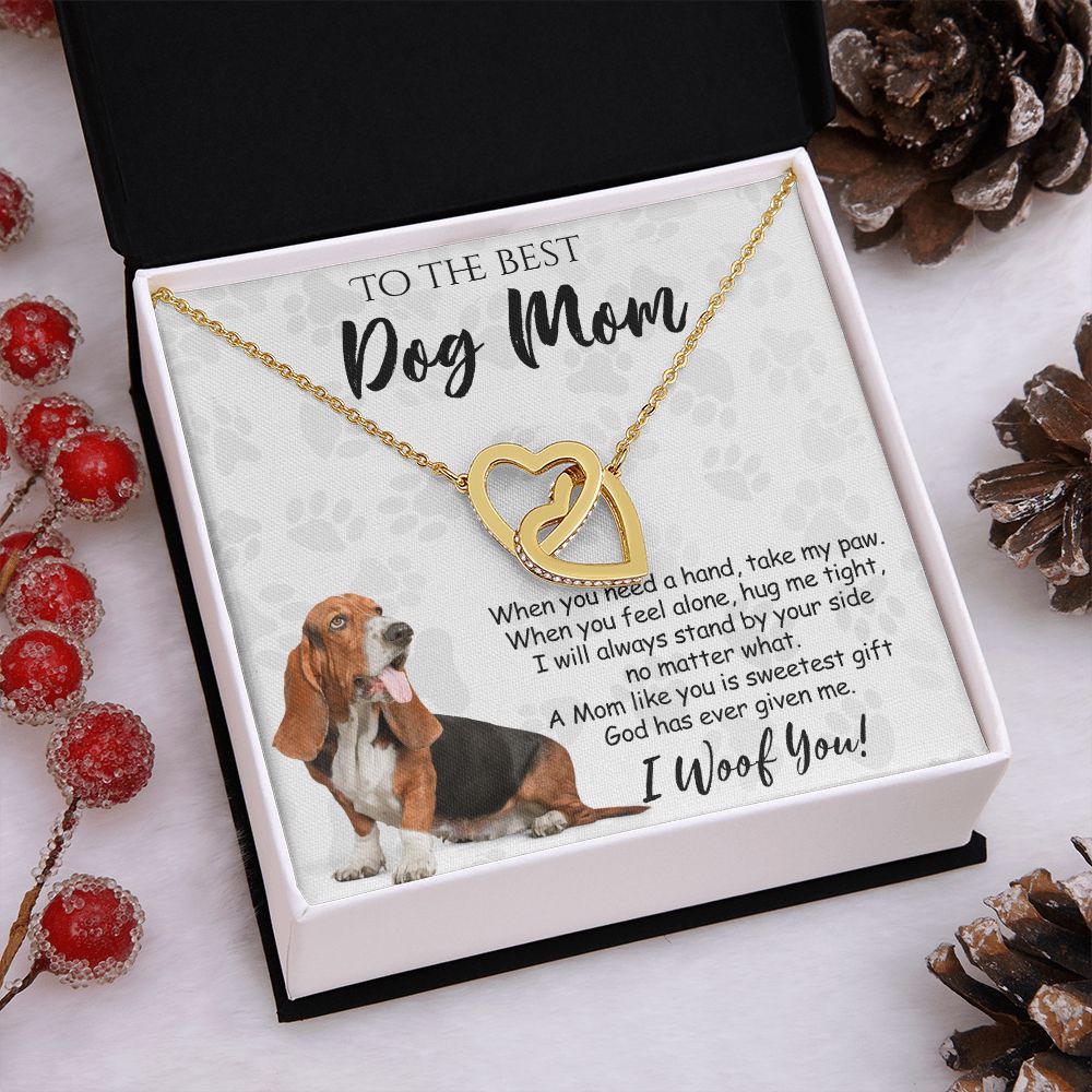 To The Best Basset Hound Dog Mom Knot Necklace Mother's Day Gift , I Woof You Quote Gift Card, Message Card Jewelry For Dog Lovers, Necklace For Mom Interlocking Hearts Necklace