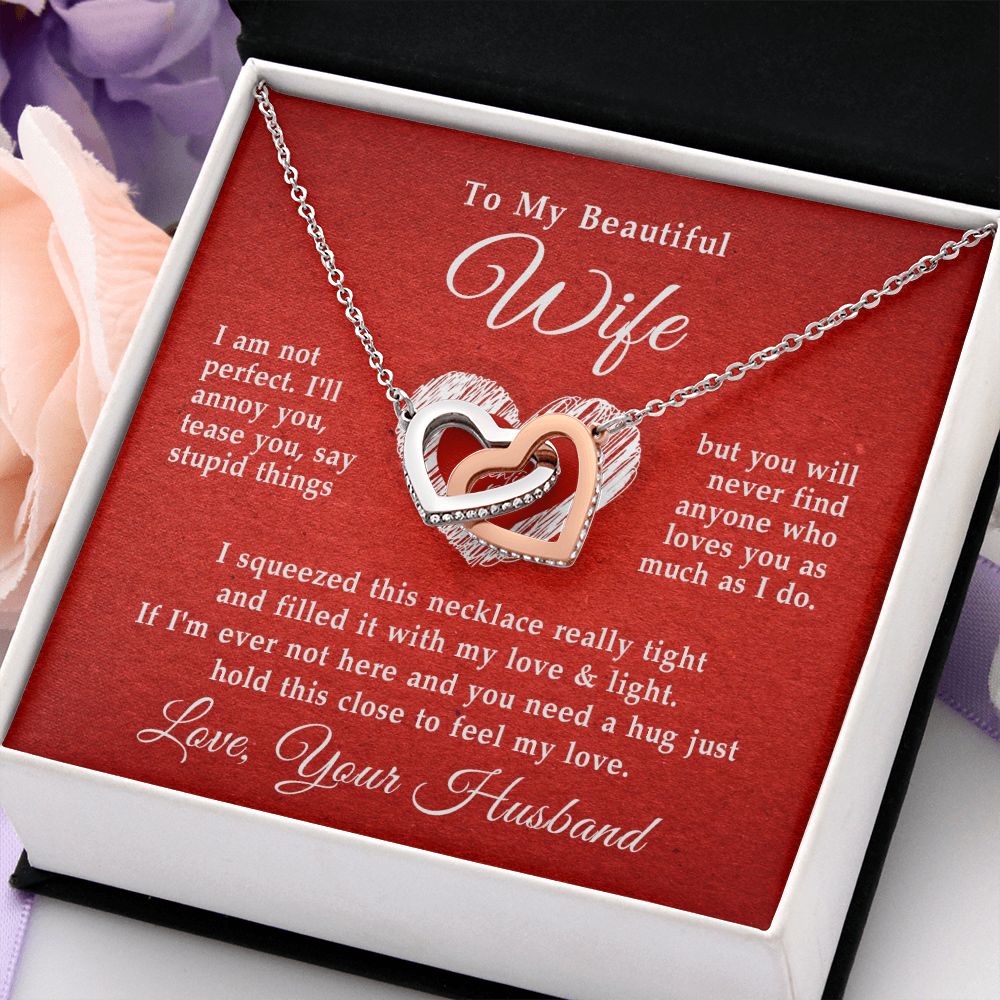 To My Beautiful Wife Necklace, Wedding Anniversary Jewelry For Women, Necklace For Wife from Husband, Gifts For Wife Birthday Gifts Necklace, Jewelry With Message Card In A Gift Box Interlocking Hearts Necklace