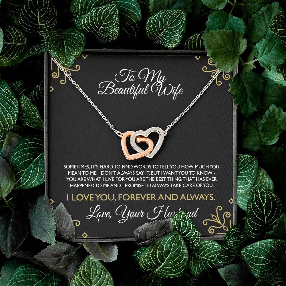 To My Beautiful Wife Necklace From Husband Interlocking Heart Necklace Pendant Jewelry with Message Card and Box Necklaces for Women Valentines Day Happy Anniversary Present for Birthday Merry Christmas for Wife