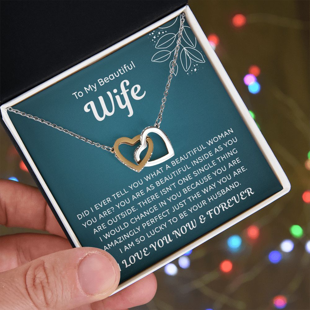 To My Beautiful Wife Necklace From Husband Interlocking Hearts Necklace for Wife Soulmate Jewelry with Message Card and Box Necklaces for Women Valentines Day Happy Anniversary Present for Birthday Merry Christmas for Wife