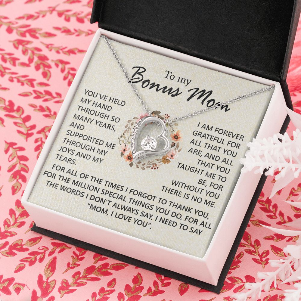 Bonus Mom Jewelry Gift for Stepmom, Foster Mom - Featuring Necklace With Meaningful Message Card & Gift Box for Birthday, Mother's Day Necklace for Bonus Mom Forever Love Necklace