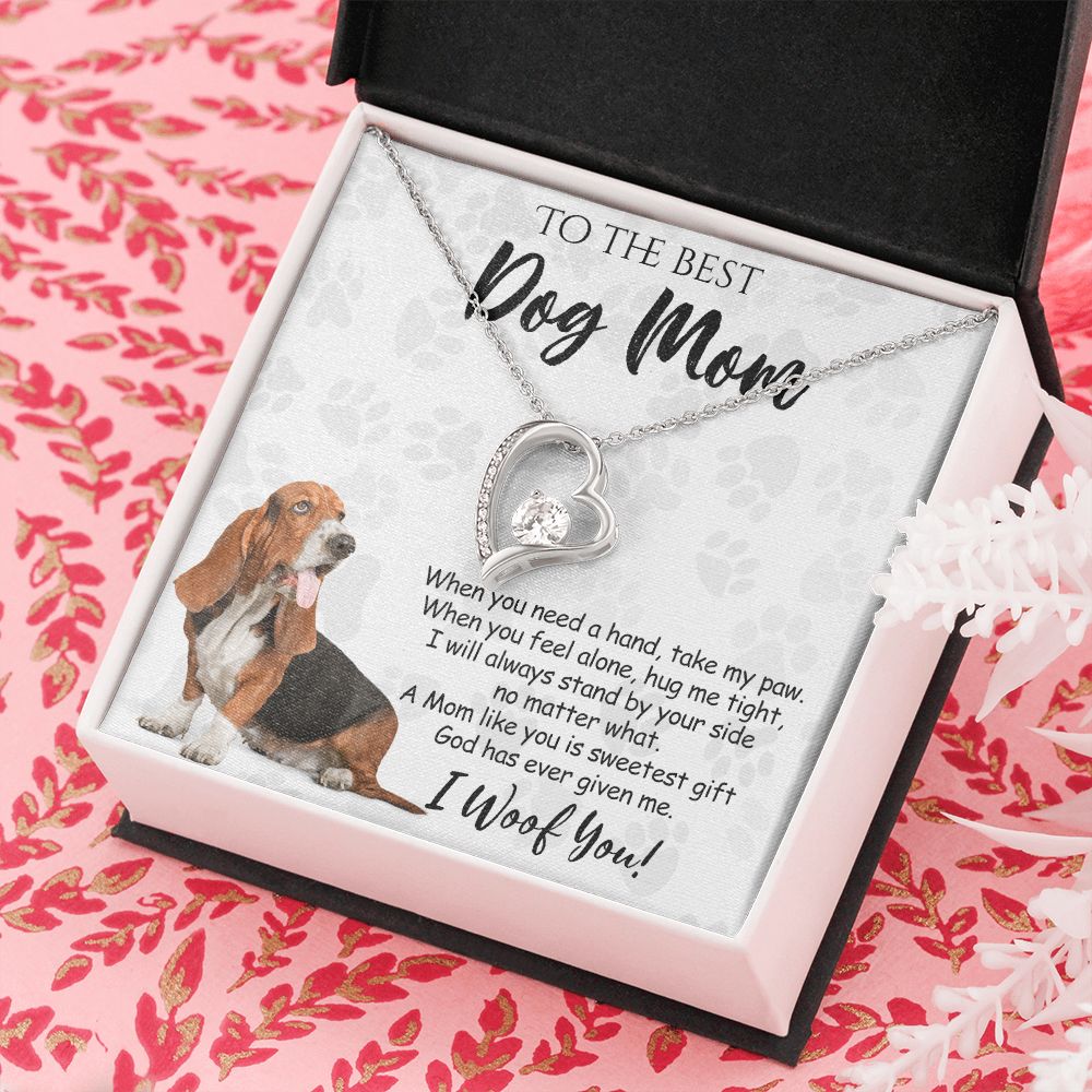 To The Best Basset Hound Dog Mom Knot Necklace Mother's Day Gift , I Woof You Quote Gift Card, Message Card Jewelry For Dog Lovers, Necklace For Mom Forever Love Necklace