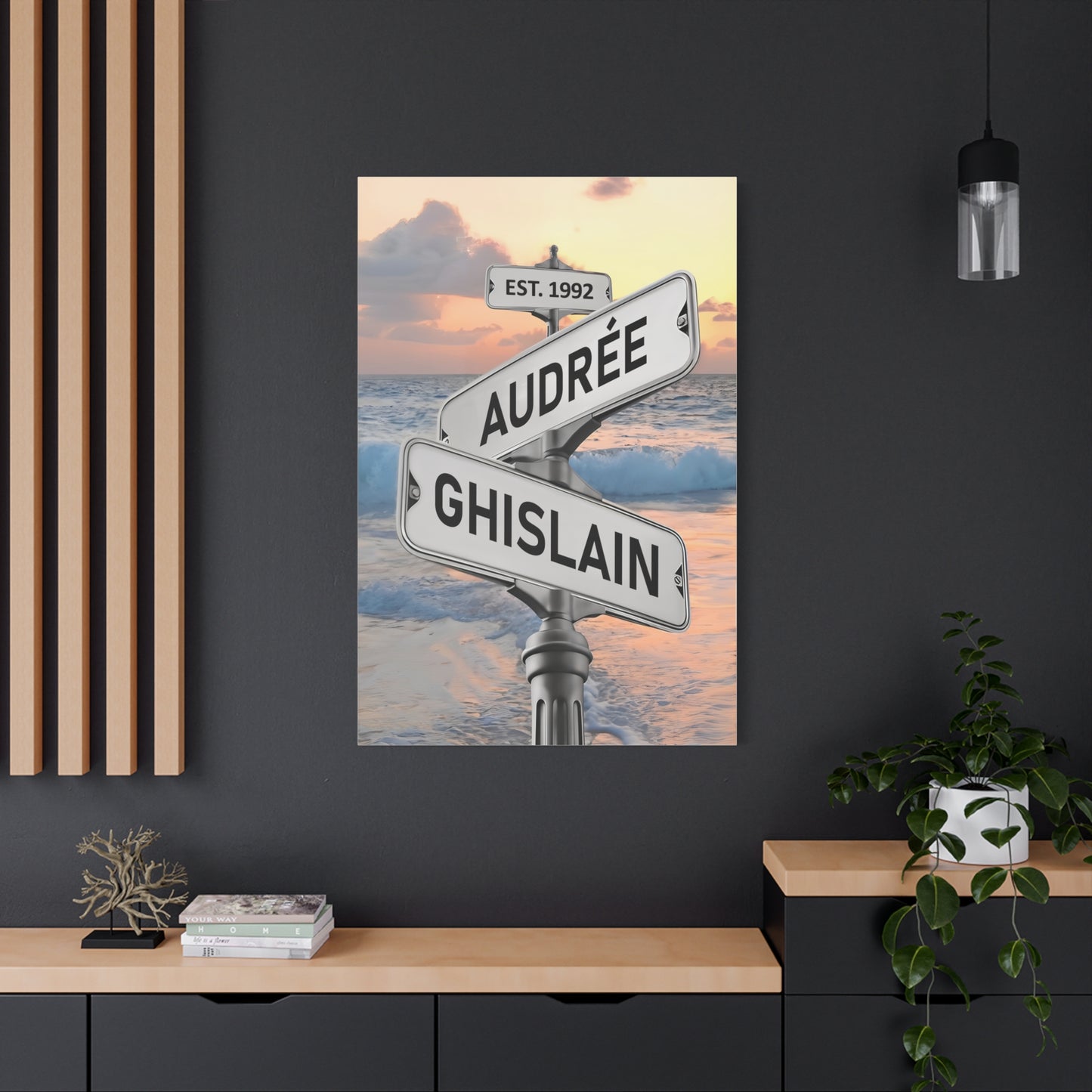 Personalized Crossroads Street Sign For Couples Name And Date Wall Art Canvas His And Hers, Customized Est Street Sign Hers Gift On Wedding, Engagement, Anniversary, Mothers Day, Gift For Couple 02