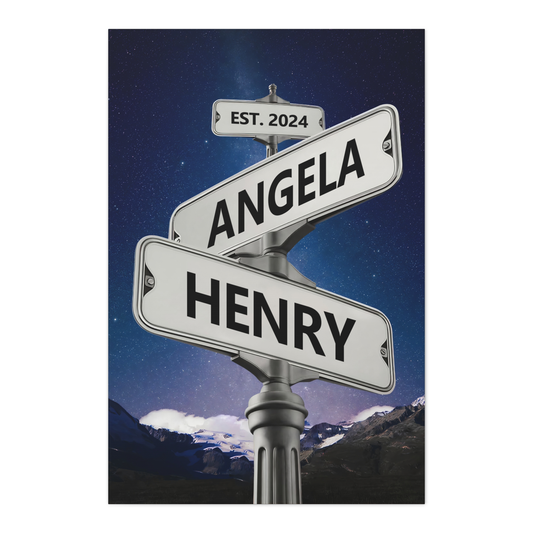 Personalized Crossroads Street Sign For Couples Name And Date Wall Art Canvas His And Hers, Customized Est Street Sign Hers Gift On Wedding, Engagement, Anniversary, Mothers Day, Gift For Couple 01