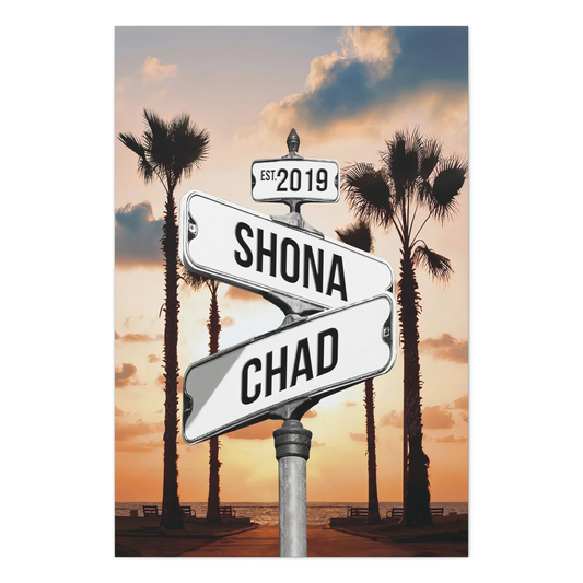 Personalized Crossroads Sign Couple's Name and Date on Blue Sky Sign Canvas Prints Vintage Blue Sky Canvas Print Love Gift for Her, Him On Valentine Day, Anniversary, Wedding, Birthday, Holidays 05