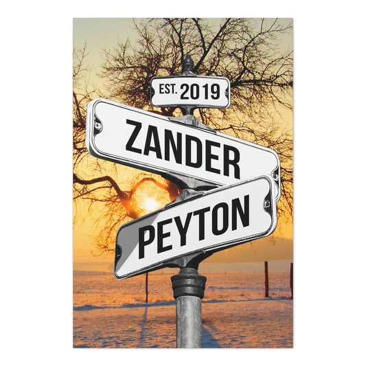 Personalized Crossroads Sign Couple's Name and Date on Blue Sky Sign Canvas Prints Vintage Blue Sky Canvas Print Love Gift for Her, Him On Valentine Day, Anniversary, Wedding, Birthday, Holidays 08