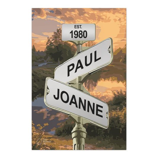 Personalized Crossroads Sign Couple's Name and Date on Blue Sky Sign Canvas Prints Vintage Blue Sky Canvas Print Love Gift for Her, Him On Valentine Day, Anniversary, Wedding, Birthday, Holidays 03