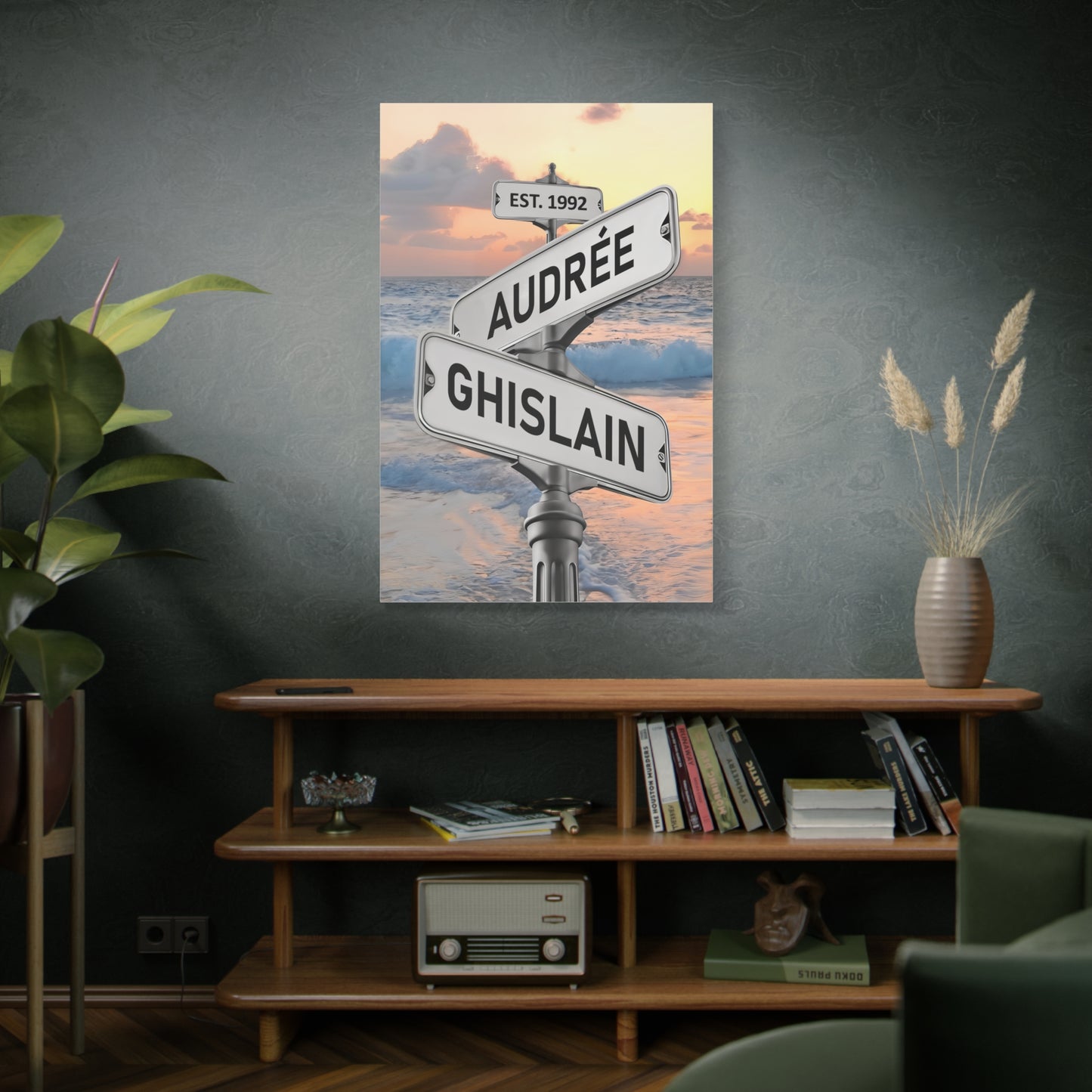 Personalized Crossroads Street Sign For Couples Name And Date Wall Art Canvas His And Hers, Customized Est Street Sign Hers Gift On Wedding, Engagement, Anniversary, Mothers Day, Gift For Couple 02