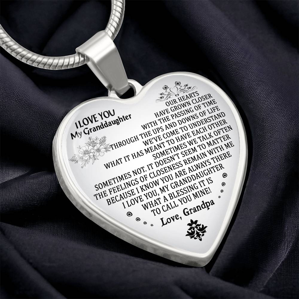 To My Granddaughter Love Grandpa Heart Necklace Silver, Gold Includes Gift Box!