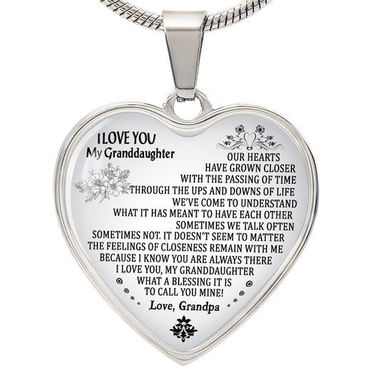 To My Granddaughter Love Grandpa Heart Necklace Silver, Gold Includes Gift Box!