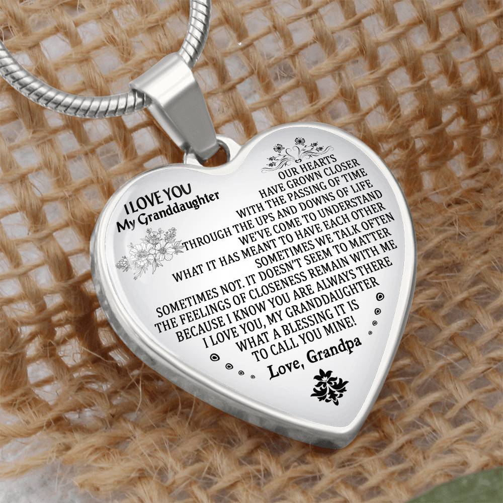 To My Granddaughter Love Grandpa Heart Necklace Silver, Gold Includes Gift Box!