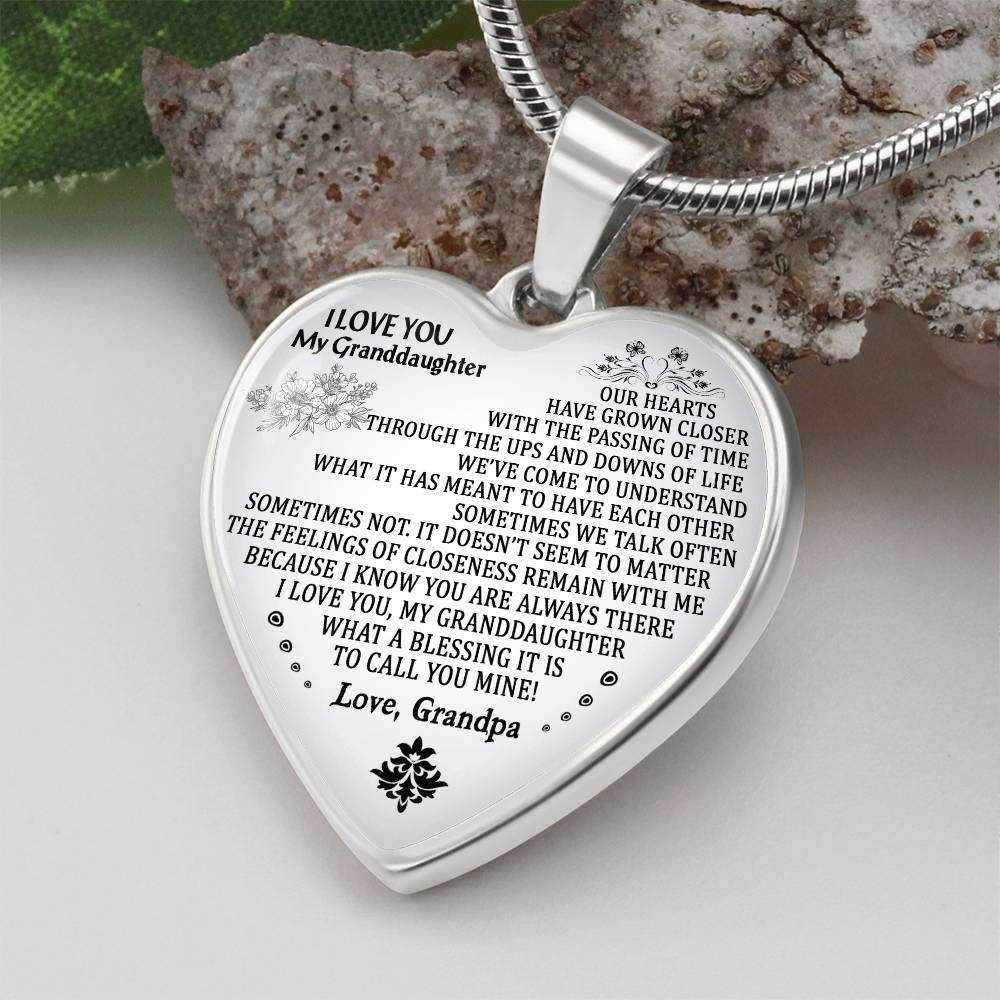 To My Granddaughter Love Grandpa Heart Necklace Silver, Gold Includes Gift Box!