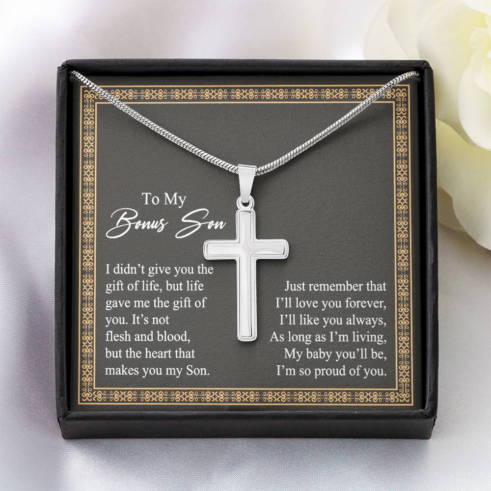 Jewelry For Mens - Bonus Son Necklace Gift, to My Bonus Son Jewelry from Mom, Lion Necklace Pendant, Step Son Gift, for Bonus Son, Adopted Son Gift Necklace, Stepchild Gifts 14K Cross Personalized Cross Necklace