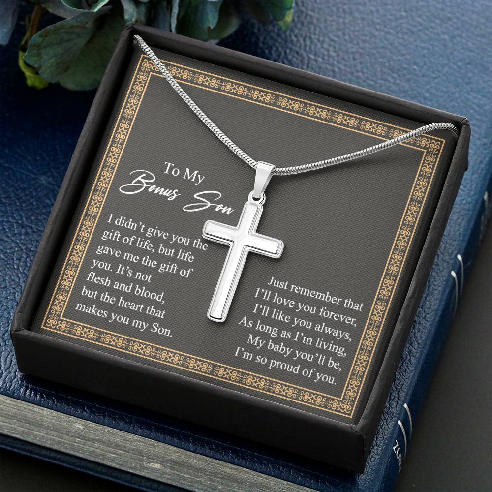Jewelry For Mens - Bonus Son Necklace Gift, to My Bonus Son Jewelry from Mom, Lion Necklace Pendant, Step Son Gift, for Bonus Son, Adopted Son Gift Necklace, Stepchild Gifts 14K Cross Personalized Cross Necklace
