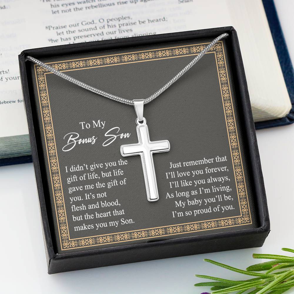 Jewelry For Mens - Bonus Son Necklace Gift, to My Bonus Son Jewelry from Mom, Lion Necklace Pendant, Step Son Gift, for Bonus Son, Adopted Son Gift Necklace, Stepchild Gifts 14K Cross Personalized Cross Necklace