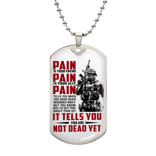 Military, Navy Dog Tag Necklace  Chain Warrior Dog Tag Pain is your Friend