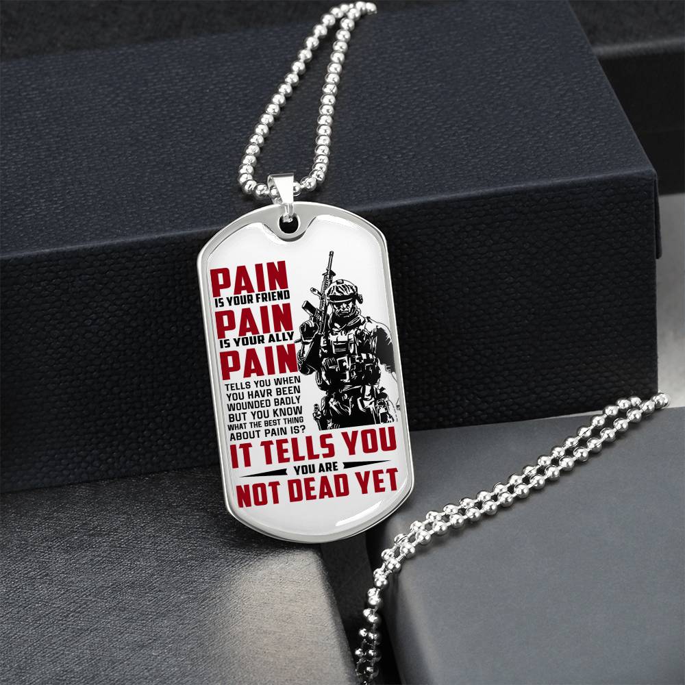 Military, Navy Dog Tag Necklace  Chain Warrior Dog Tag Pain is your Friend