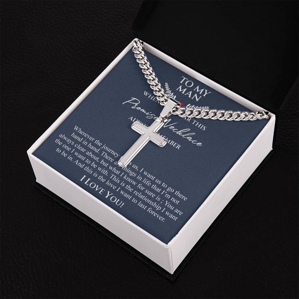 To My Man Necklace Anniversary Gift for Boyfriend, Boyfriend Birthday Gift 175087501988 Cuban Chain with Artisan Cross Necklace