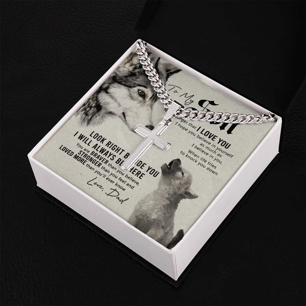 Wolf Father To Son Engraved Cross Necklace Gift For Son, To My Son Engraved Cross Necklace From Dad, Dady Meaningful Jewelry Gift For Men Artisan Engraved Cross Necklace Gift For Wolf Son Necklace