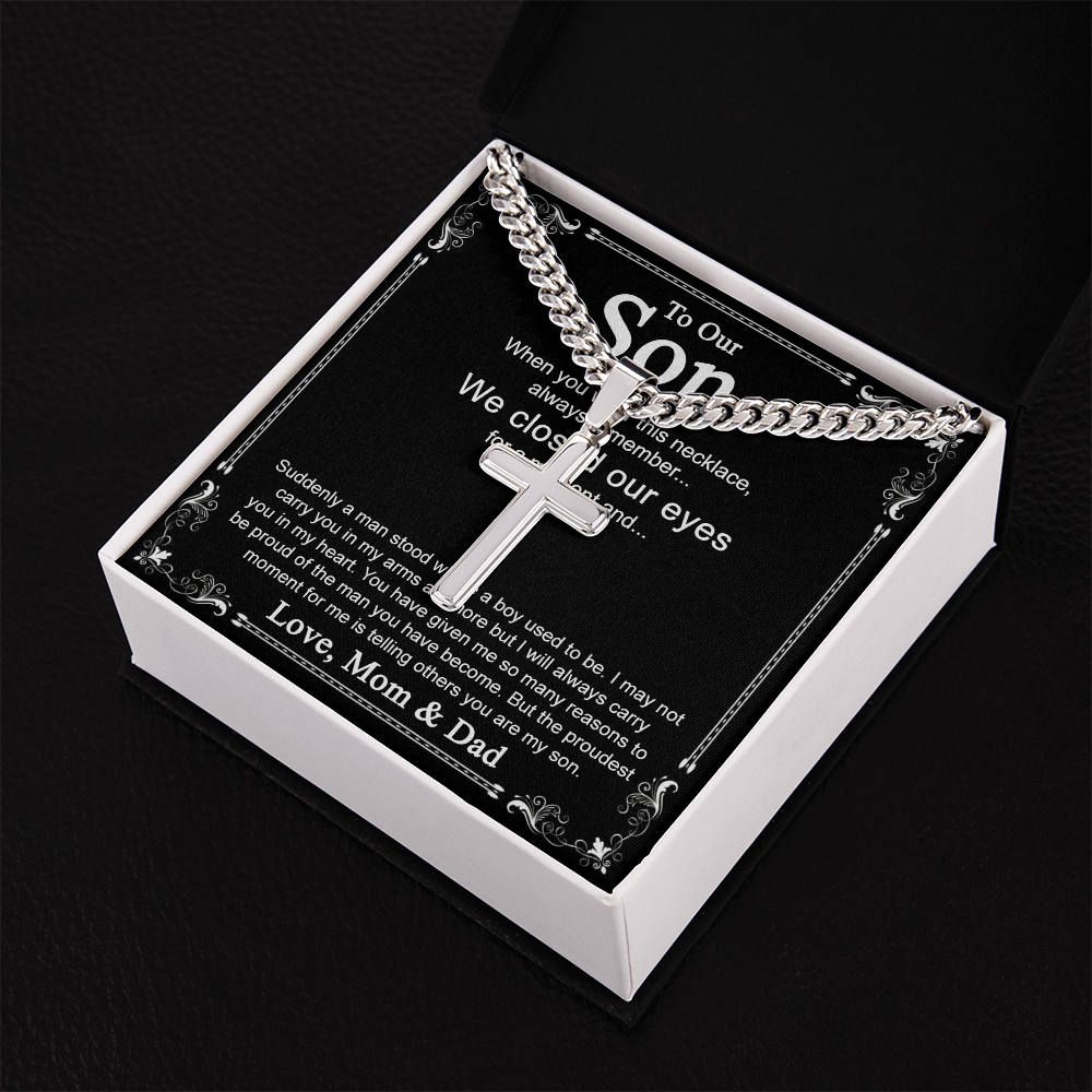 To Our Son Cross Necklace Pendant for Birthday Christmas Graduation Gift Cross Necklace from Dad Mom with Message Card and Gift Box For Son Personalized Gift Necklace for Son From Father and Mother