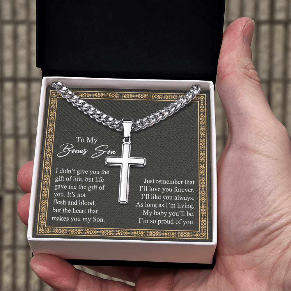 Jewelry For Mens - Bonus Son Necklace Gift, to My Bonus Son Jewelry from Mom, Lion Necklace Pendant, Step Son Gift, for Bonus Son, Adopted Son Gift Necklace, Stepchild Gifts 14K Cross B0FM73BMSB