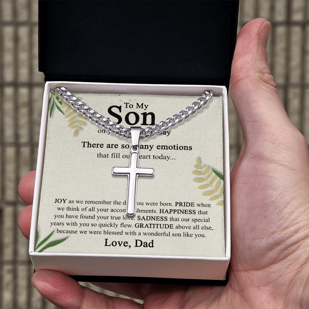 To My Son On His Wedding Day Cross Necklace from Dad, Gifts Cross Necklace for Son on Wedding Day from Dad, Father Gift Necklace To Son on Wedding Day, Necklace for Son, Jewelry Gift For Boys Men Cuban Chain with Artisan Cross Necklace  B09N78SGJN