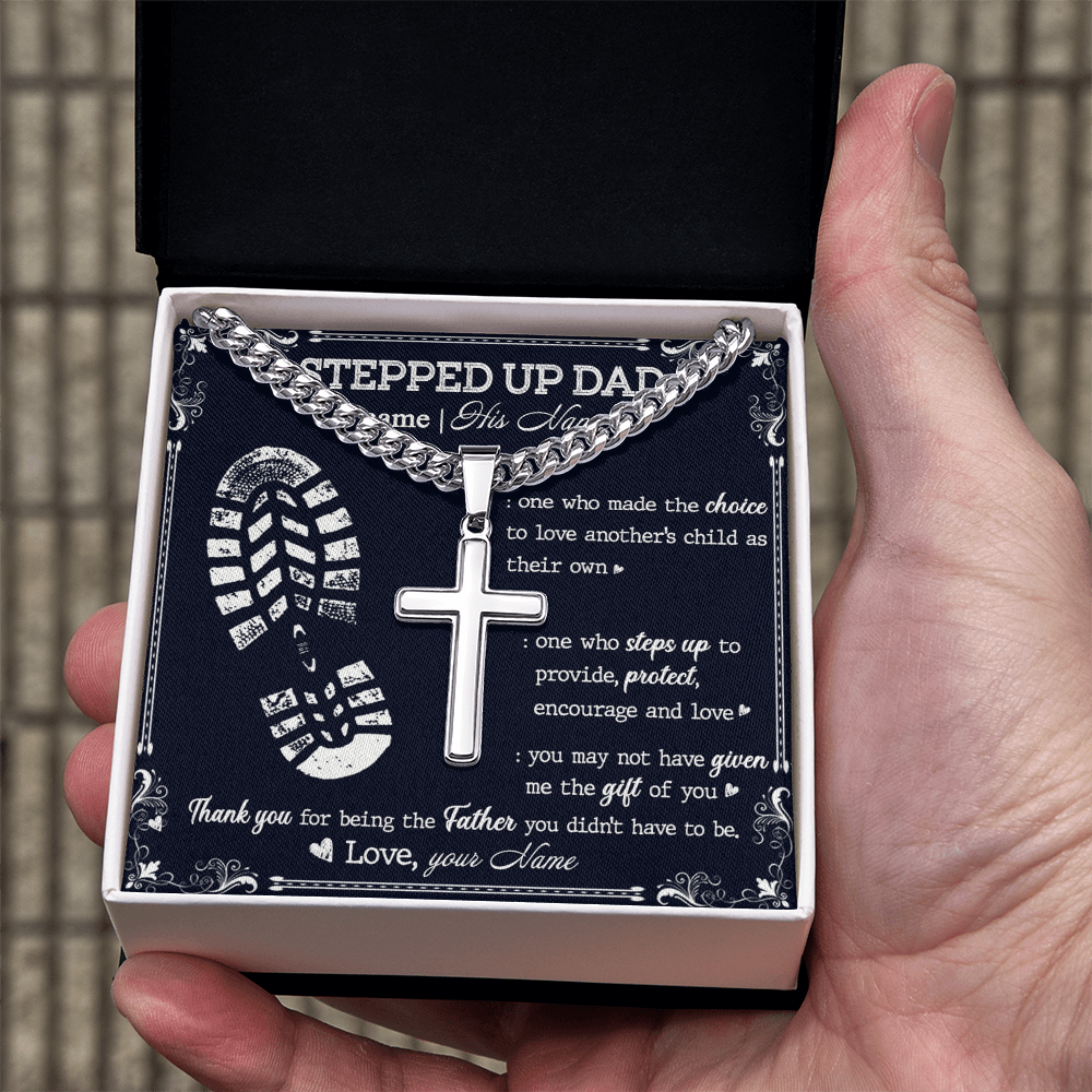 Stepped Up Dad Gift Necklace To My Stepped Up Dad Cuban Link Chain Fathers Day Gift from Step Son Daughter To My Step Dad Gift of You Stainless Steel Christmas Birthday Present Box and Message Card