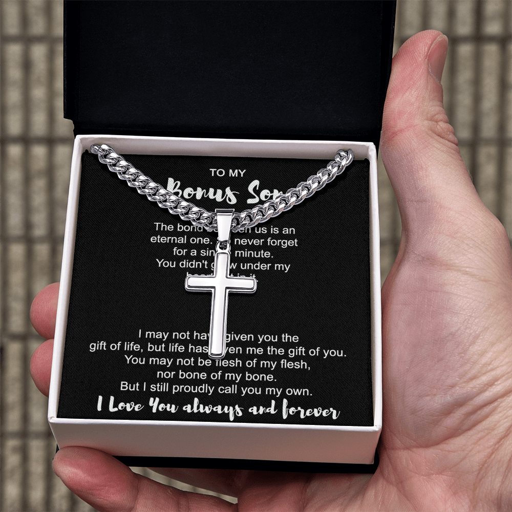 To My Bonus Son Cross Necklace From Mom for Bonus Son, Stepson Birthday Gift Graduation Gift, Jewelry Cross Gift For Boys, Men Stainless Artisan Crafted Cross 14k Necklace, Bonus Son Gift Necklace